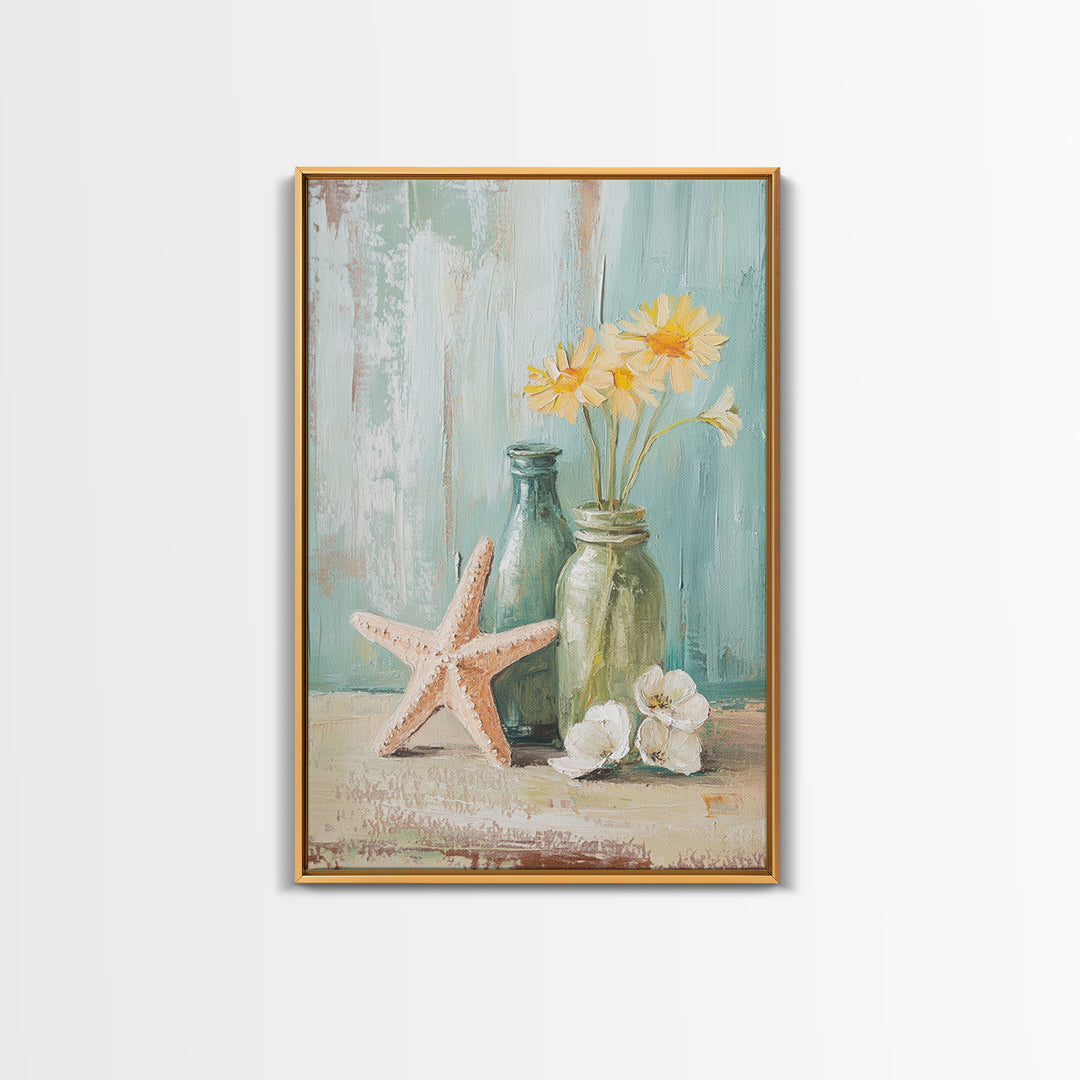 Starfish Daisies And Sea Glass Bottles Coastal Wall Art, Beach House Decor, Floral Canvas Print, Summer Gift For Her, Bathroom Decor