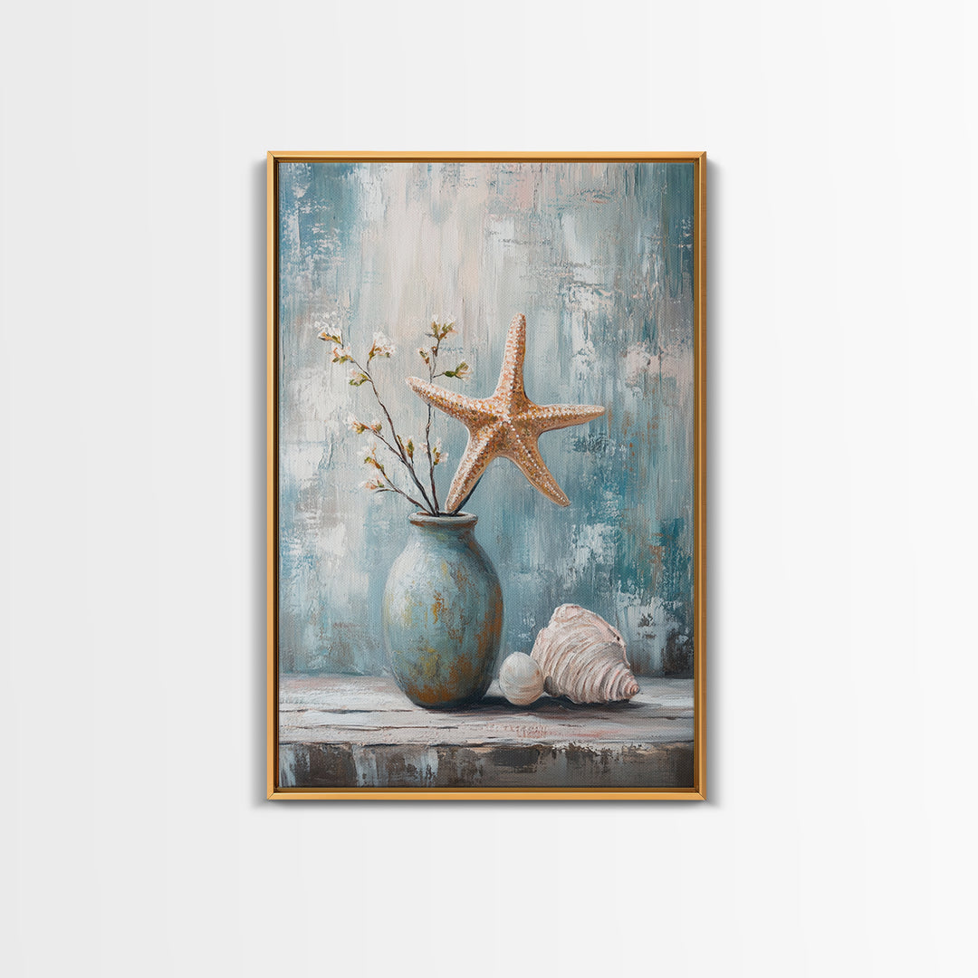 Orange Starfish Seashell And Blue Vase Coastal Wall Art, Nautical Beach Decor, Ocean Canvas Print, Serene Bathroom Art For Home
