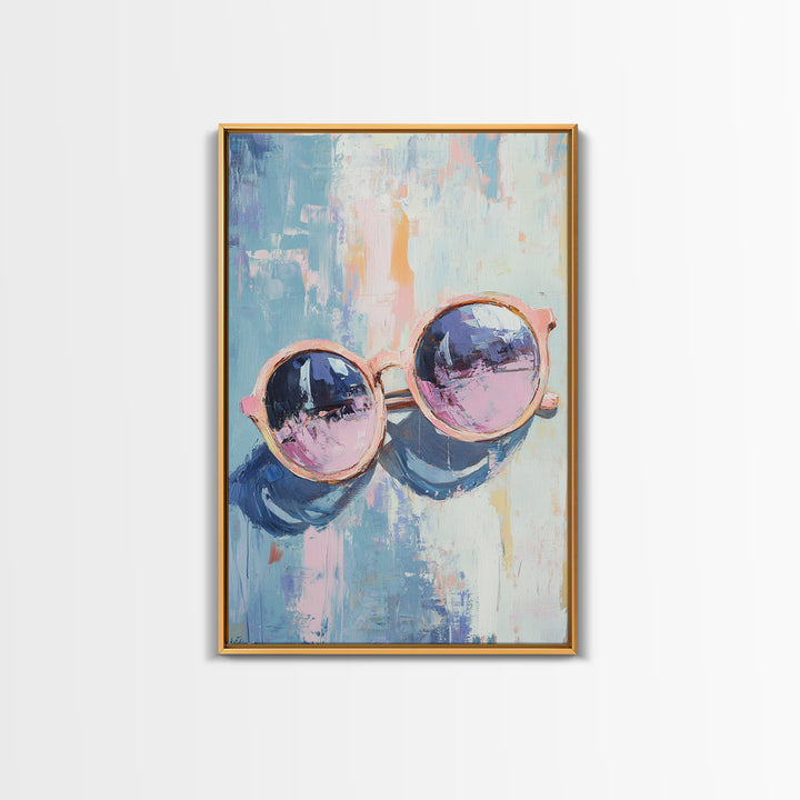 Pink Sunglasses On Blue Abstract Canvas Print, Fashion Wall Art, Dopamine Decor, Trendy Prints, Cool Girl Room Decor, Modern Wall Decor