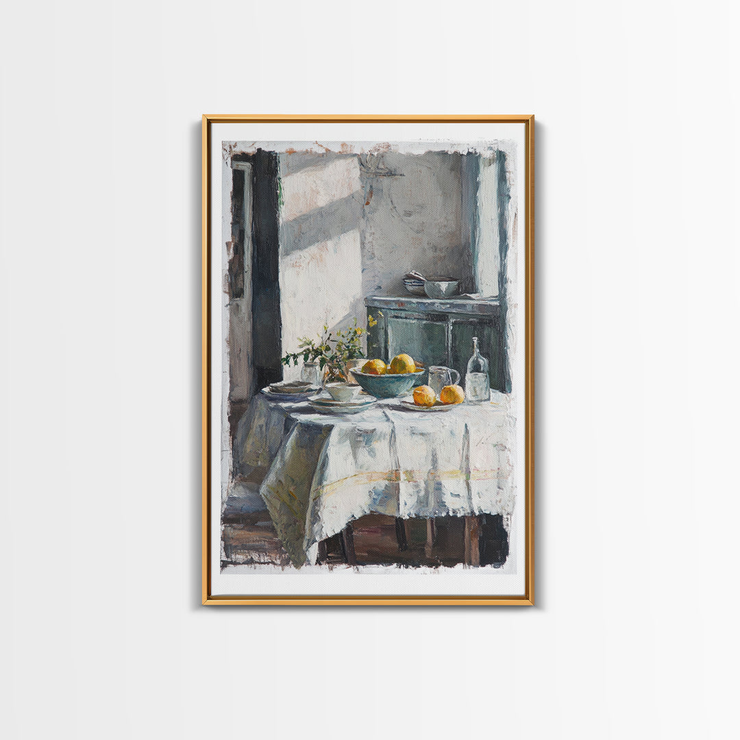Sunlit Breakfast Table With Oranges Wall Art, Rustic Kitchen Decor, French Country Print, Still Life Art, Housewarming Gift