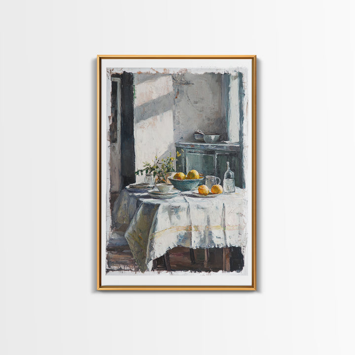 Sunlit Breakfast Table With Oranges Wall Art, Rustic Kitchen Decor, French Country Print, Still Life Art, Housewarming Gift