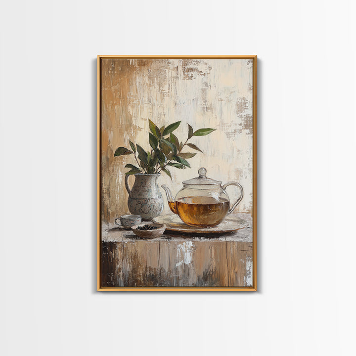 Glass Teapot With Potted Green Leaves Framed Canvas Print, Rustic Kitchen Wall Art, Botanical Tea Still Life Home Decor, Gift