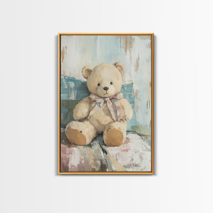 Cream Teddy Bear On Blue Pillow Framed Canvas Print, Nursery Wall Art, Kids Room Decor, Baby Shower Gift, Neutral Nursery Decor