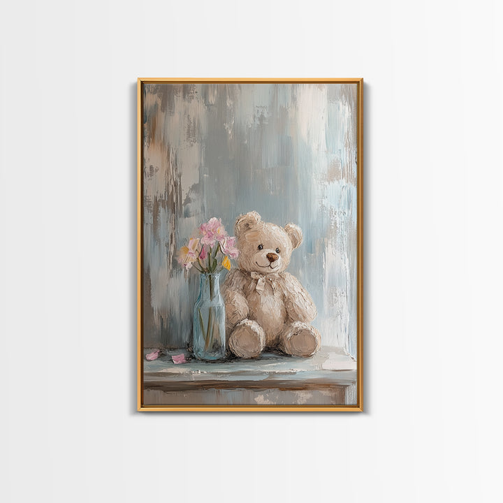 Smiling Teddy Bear With Pink Flowers Wall Art, Nursery Decor, Kids Room Art, Baby Shower Gift, Whimsical Animal Print, Girl Nursery Decor
