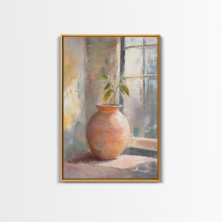 Terracotta Vase With Green Plant Framed Canvas Print, Rustic Botanical Wall Art, Neutral Home Decor, Entryway Wall Decor