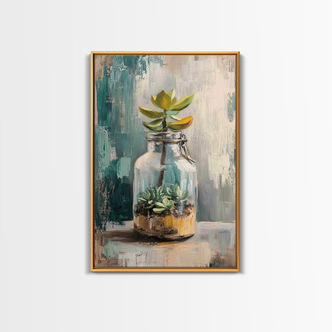 Succulent Terrarium In Glass Jar Wall Art, Botanical Canvas Print, Teal Still Life Decor, Plant Lover Housewarming Gift