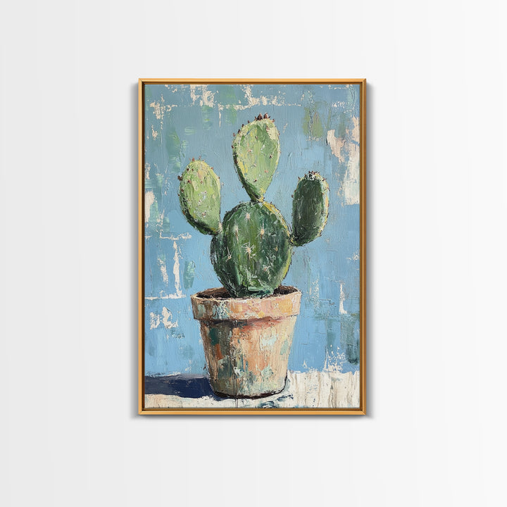 Prickly Pear Cactus In Clay Pot Wall Art, Desert Botanical Canvas Print, Southwest Decor, Plant Lover Housewarming Gift Idea