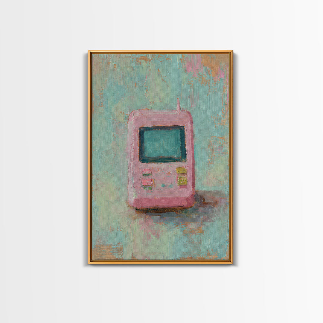 Pink Retro Handheld Game Wall Art, Nostalgic Tech Canvas Print, 90s Decor, Gamer Gift, Pastel Office Desk Art, Unique Home Decor