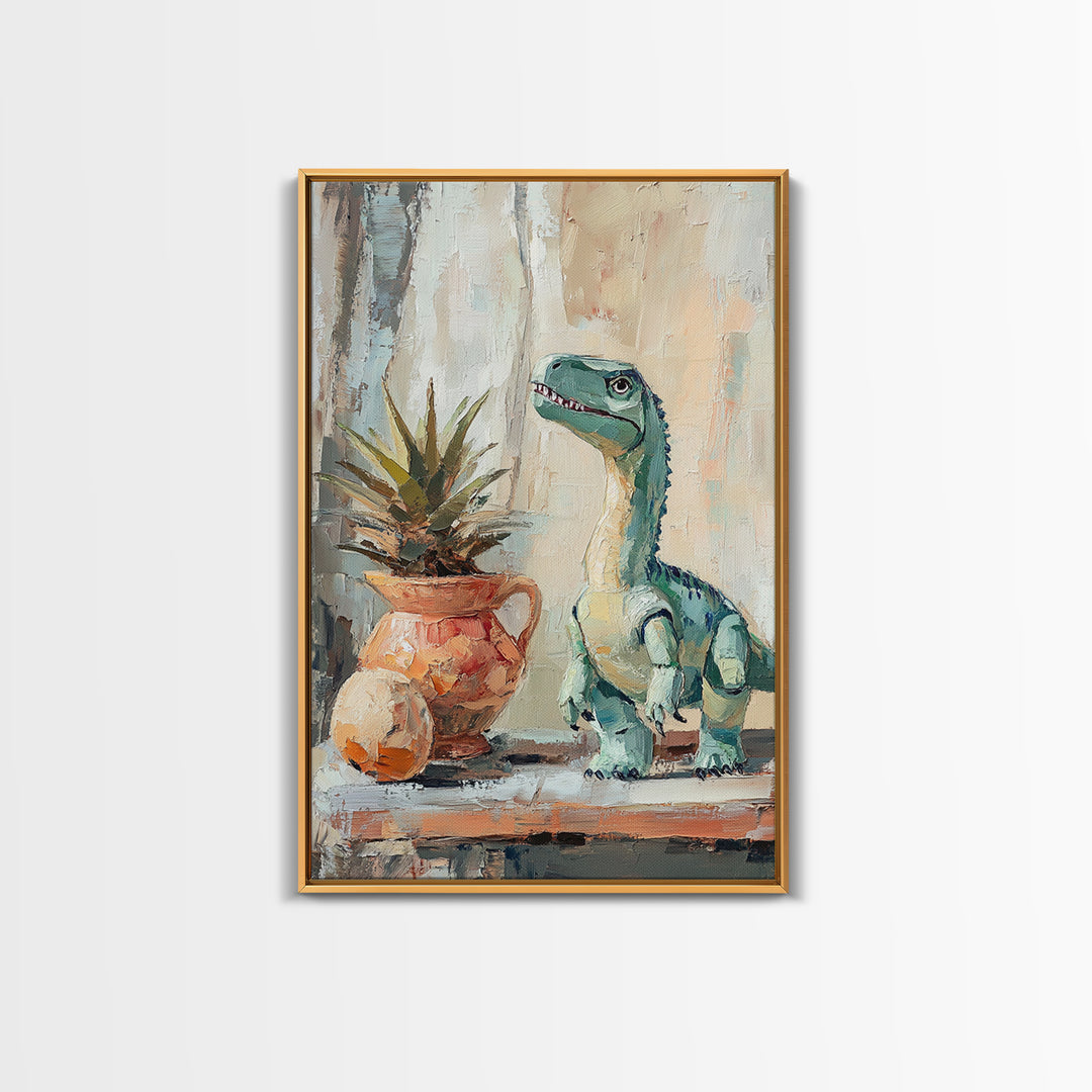 Cute Dinosaur And Potted Plant Canvas Print, Whimsical Animal Wall Art, Kids Room Decor, Nursery Art, Playroom Gift For Child Bedroom