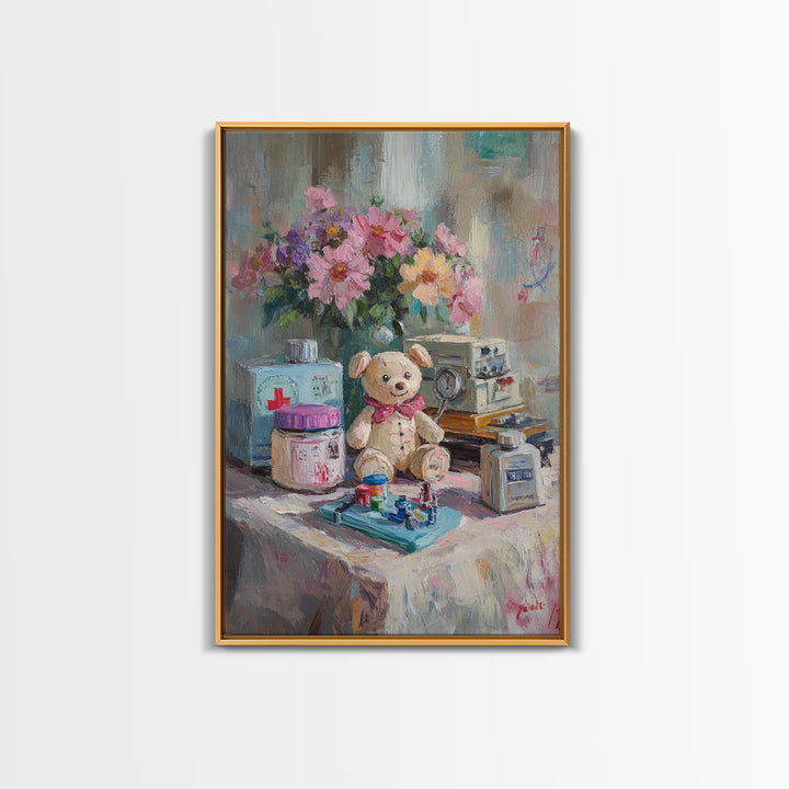Teddy Bear Medical Kit Still Life Wall Art, Whimsical Nursery Decor, Doctor Office Art, Pediatric Room Canvas Print, Baby Shower Gift