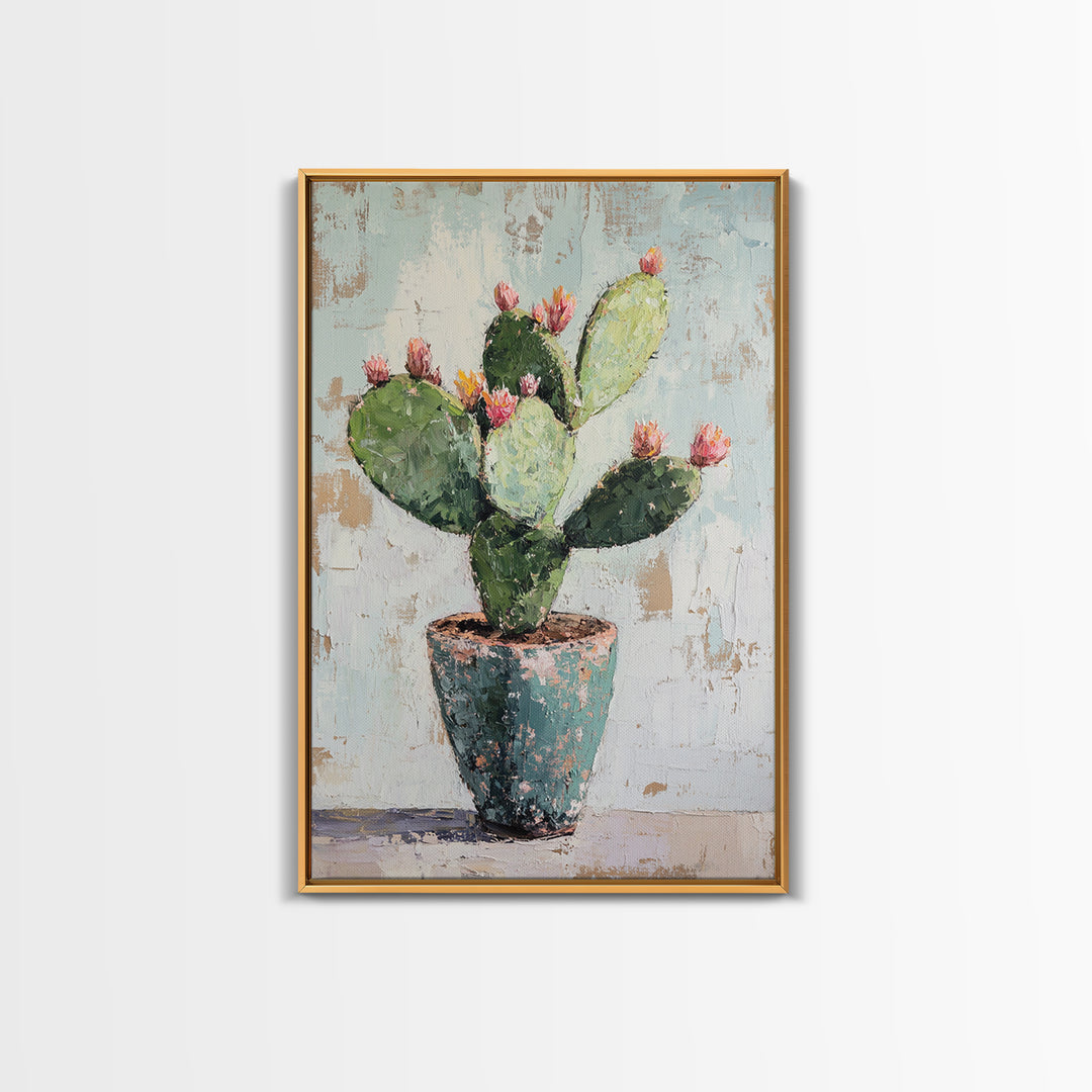 Prickly Pear Cactus In Rustic Pot Canvas Print, Desert Wall Art, Southwest Decor, Botanical Wall Decor, Plant Lover Gift
