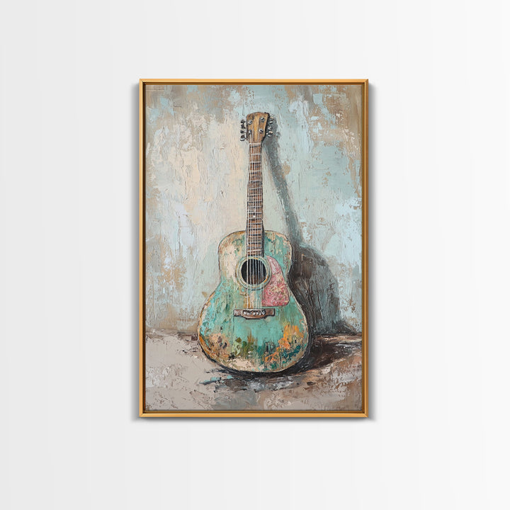 Weathered Turquoise Acoustic Guitar Canvas Print, Music Room Wall Art, Rustic Music Decor, Guitar Lover Gift, Studio Poster