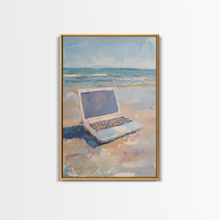 Open Laptop On Sandy Beach Framed Canvas Print, Coastal Wall Art, Remote Work Office Decor, Ocean Landscape Art Print, Beach House Decor