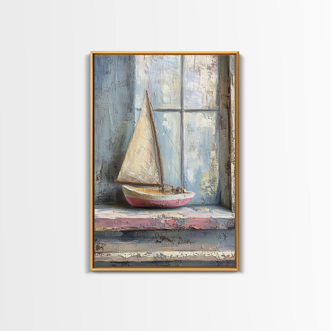 Weathered Sailboat On Window Sill Framed Canvas Print, Nautical Wall Art, Coastal Decor, Beach House Art, Seascape Art, Ocean Wall Decor