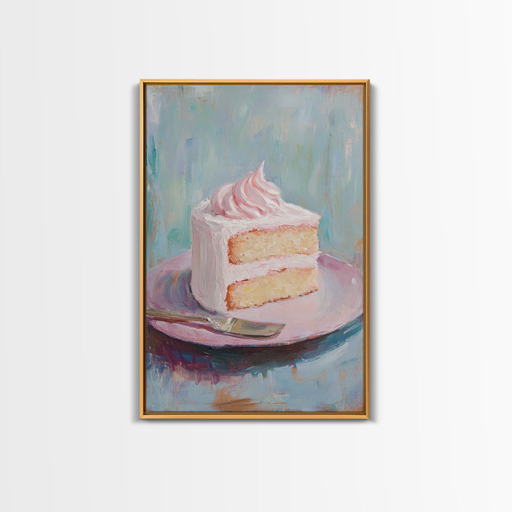 Pink Frosted Cake Slice On Plate Wall Art, Bakery Art Print, Kitchen Wall Art, Cute Kitchen Decor, Dessert Art, Gift For Her