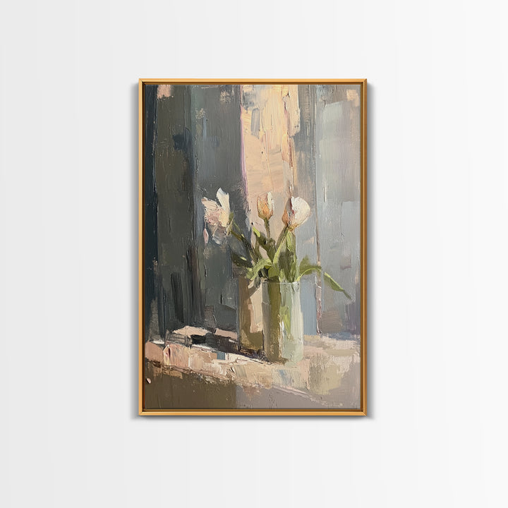 Soft White Tulips Framed Canvas Print, Impasto Floral Still Life, Neutral Wall Decor, Bedroom Decor, Gift For Her, Home Decor
