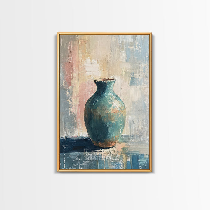 Turquoise Ceramic Vase Canvas Print, Modern Still Life Painting, Teal Wall Decor, Minimalist Art, Living Room Decor, Home Decor
