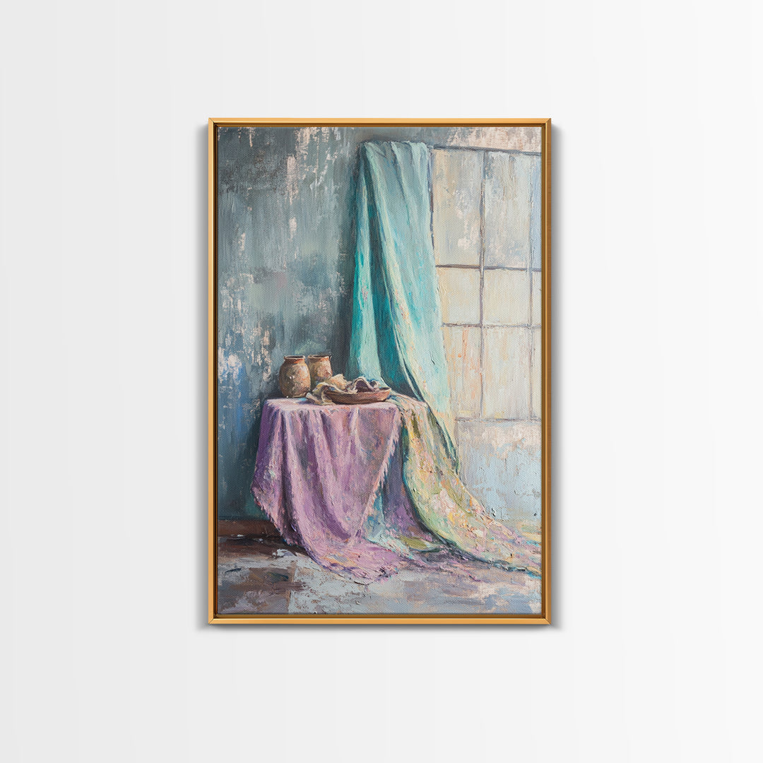 Turquoise Draped Fabric Still Life Wall Art, Soft Pastel Table Scene, Contemporary Canvas Print, Living Room Wall Decor, Home Decor