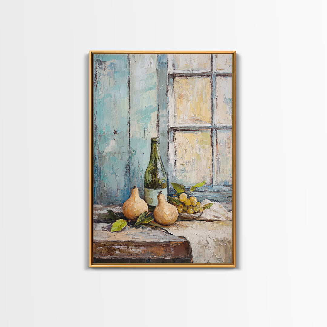 Wine Bottle Pears And Grapes By Window Canvas Print, Rustic Kitchen Wall Art For Dining Room Decor And French Country Decor