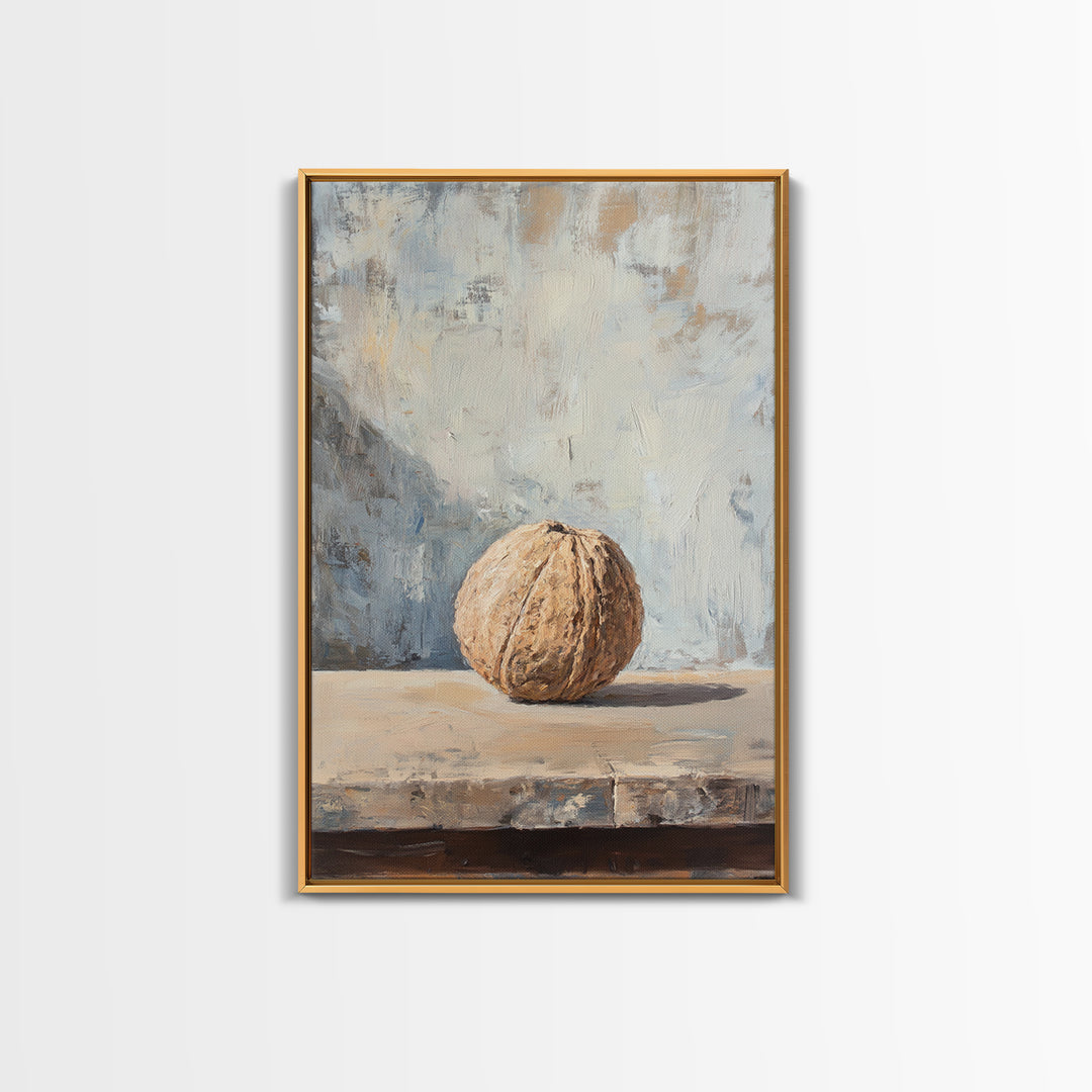 Minimal Walnut Still Life On Shelf Canvas Print, Neutral Kitchen Wall Art For Rustic Home Decor And Farmhouse Wall Decor