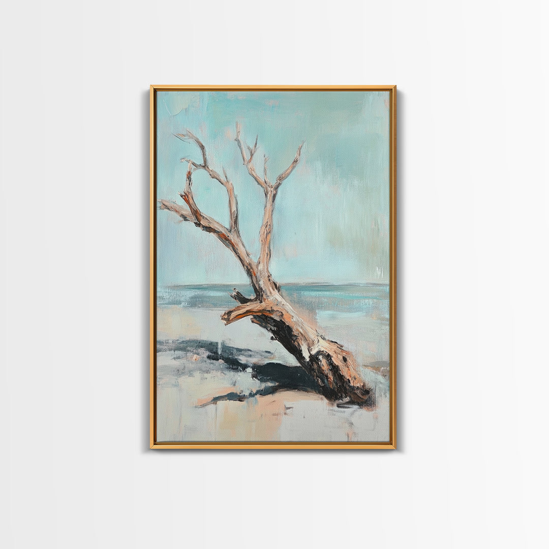 Weathered Driftwood On Quiet Beach Canvas Print, Coastal Wall Art, Minimalist Seascape Decor, Neutral Ocean Landscape Art