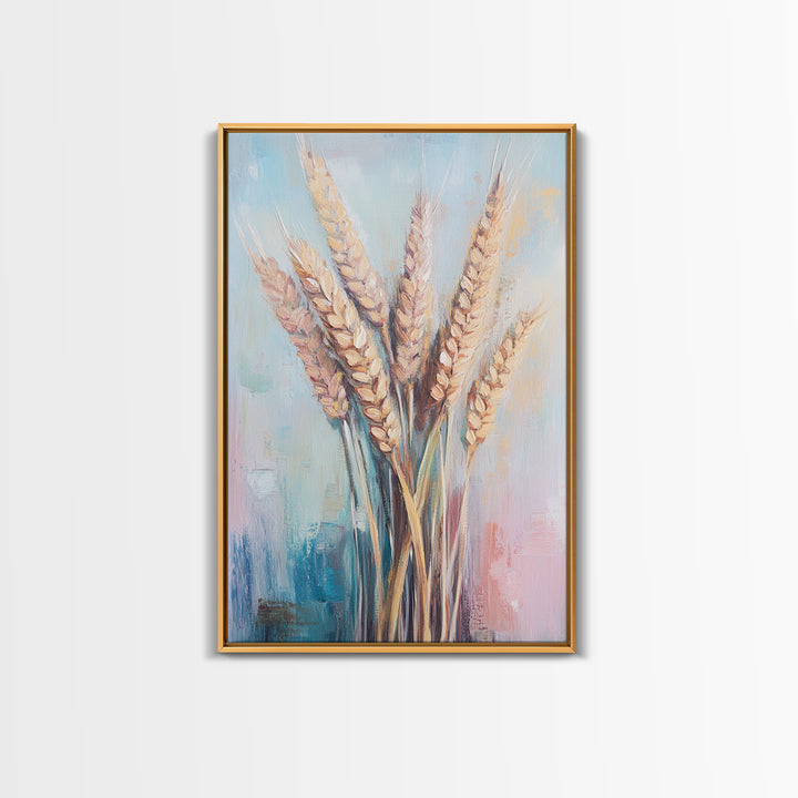 Golden Wheat Stalks In Soft Pastel Light Framed Canvas Print, Rustic Farmhouse Wall Art, Country Kitchen Decor, Housewarming Gift