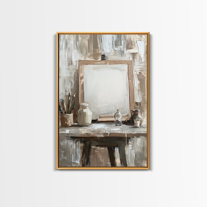 Neutral Artist Studio Easel And Paintbrushes Framed Canvas Print, Minimalist Office Wall Art, Rustic Home Decor For Creative Spaces