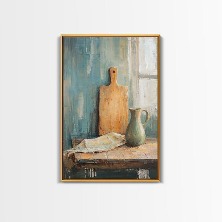 Rustic Cutting Board And Ceramic Pitcher Wall Art, Farmhouse Kitchen Decor, Country Still Life Art Print, Housewarming Gift