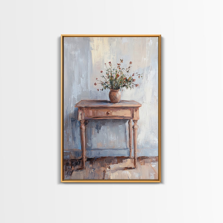 Rustic Console Table With Wildflower Vase Wall Art, Neutral Farmhouse Canvas Print, Entryway Living Room Wall Decor, Home Decor