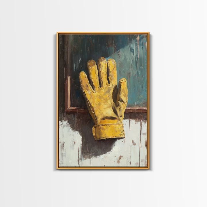Yellow Work Glove On Rustic Chalkboard Wall Art, Industrial Garage Canvas Print, Tool Room Man Cave Wall Decor, Gift For Him
