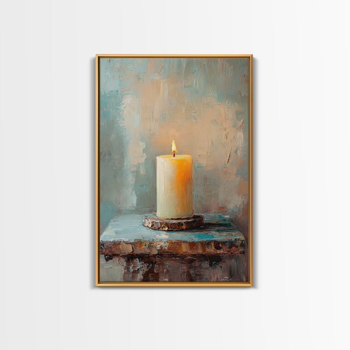 Glowing Ivory Candle On Rustic Table Canvas Print, Calming Still Life Wall Art For Spa Decor, Meditation Room, Cozy Home