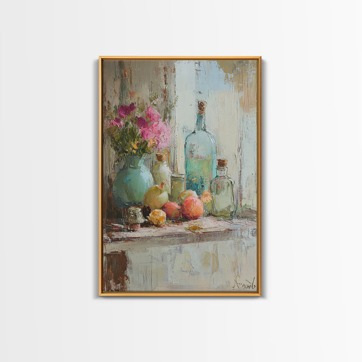 Flowers Bottles And Fruit Framed Canvas Print, Impressionist Still Life Wall Art, Kitchen Decor, Dining Room Prints, Home Decor