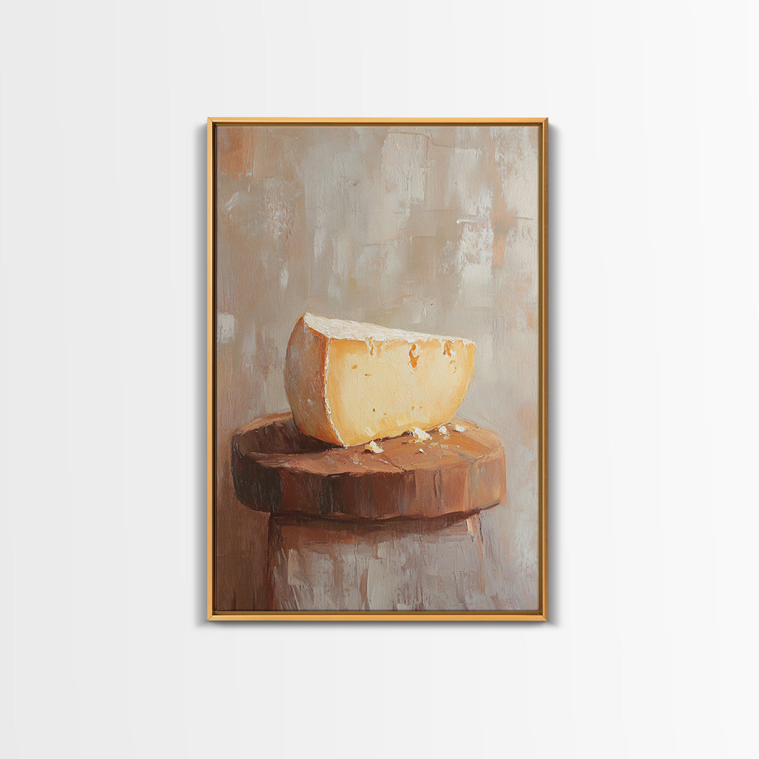 Cheese Wedge On Rustic Stool Canvas Print, Minimalist Kitchen Wall Art, Food Still Life, Farmhouse Decor, Gift For Foodie