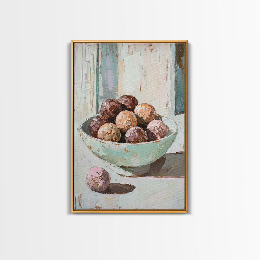 Pastel Bowl Of Chocolate Truffles Wall Art, Kitchen Decor, Food Still Life Painting, Whimsical Bakery Art Print Gift For Her