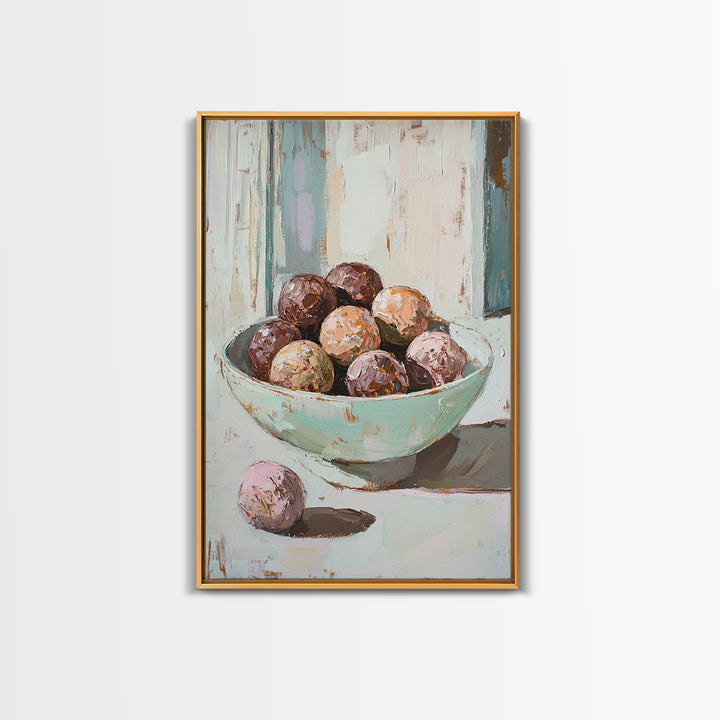 Pastel Bowl Of Chocolate Truffles Wall Art, Kitchen Decor, Food Still Life Painting, Whimsical Bakery Art Print Gift For Her