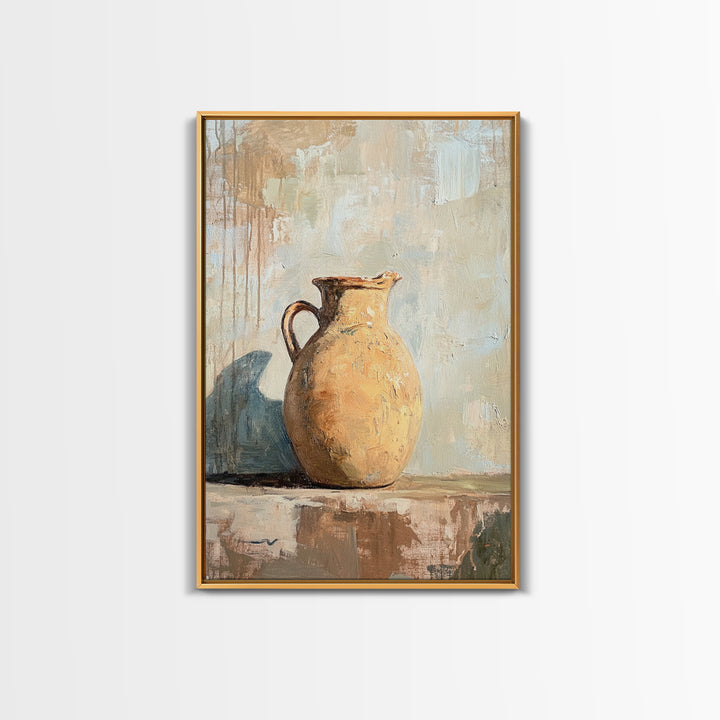 Rustic Ceramic Pitcher Still Life Wall Art, Neutral Farmhouse Decor, Country Kitchen Painting, Wabi Sabi Home Decor Gift