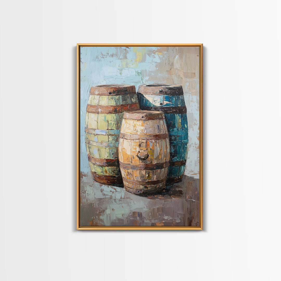 Rustic Wine Barrels Still Life Framed Canvas Print, Winery Wall Art, Home Bar Decor, Farmhouse Kitchen Gift For Him Idea