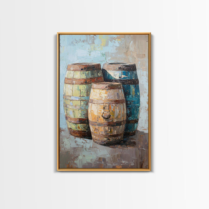 Rustic Wine Barrels Still Life Framed Canvas Print, Winery Wall Art, Home Bar Decor, Farmhouse Kitchen Gift For Him Idea