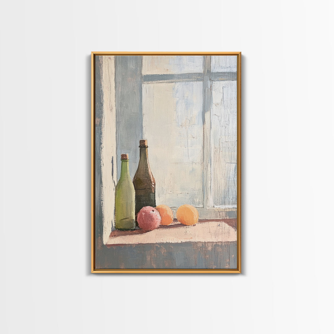 Bottles And Citrus On Windowsill Canvas Print, Rustic Kitchen Wall Art, Still Life Art Print, Farmhouse Dining Room Decor