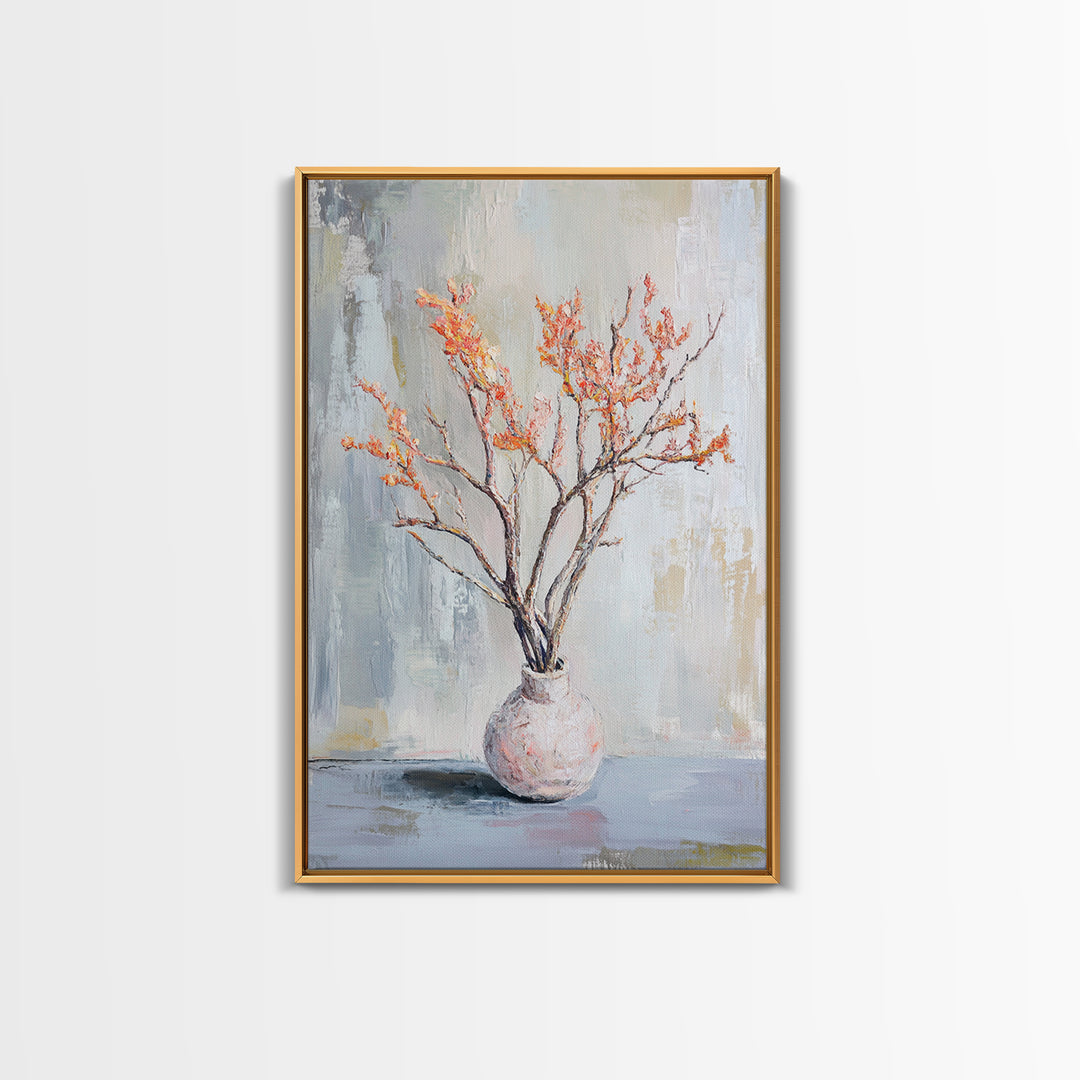 Orange Blossom Branches In Ceramic Vase Canvas Print, Minimalist Botanical Wall Art, Japandi Decor, Calm Neutral Home Gift