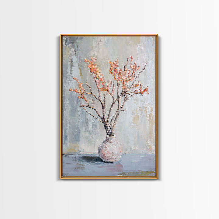 Orange Blossom Branches In Ceramic Vase Canvas Print, Minimalist Botanical Wall Art, Japandi Decor, Calm Neutral Home Gift