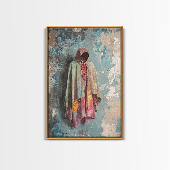 Hooded Pastel Figure In Flowing Robe, Wall Art, African Inspired Art, Cultural Wall Decor, Boho Neutral Home Decor Gift Idea