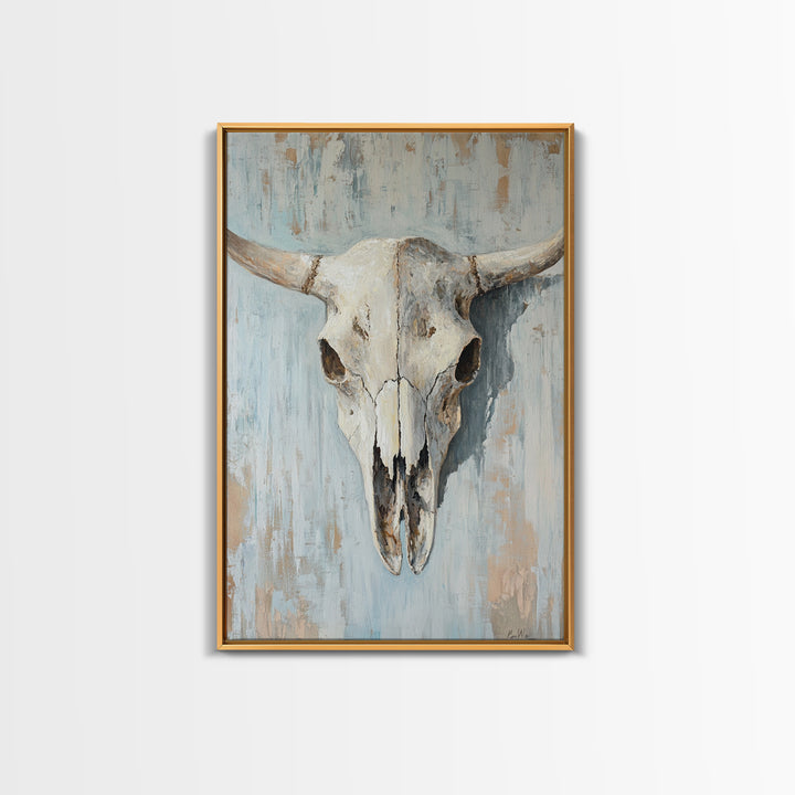 White Longhorn Skull On Blue Wood, Framed Canvas Print, Western Wall Art, Southwestern Decor, Rustic Farmhouse Gift For Him