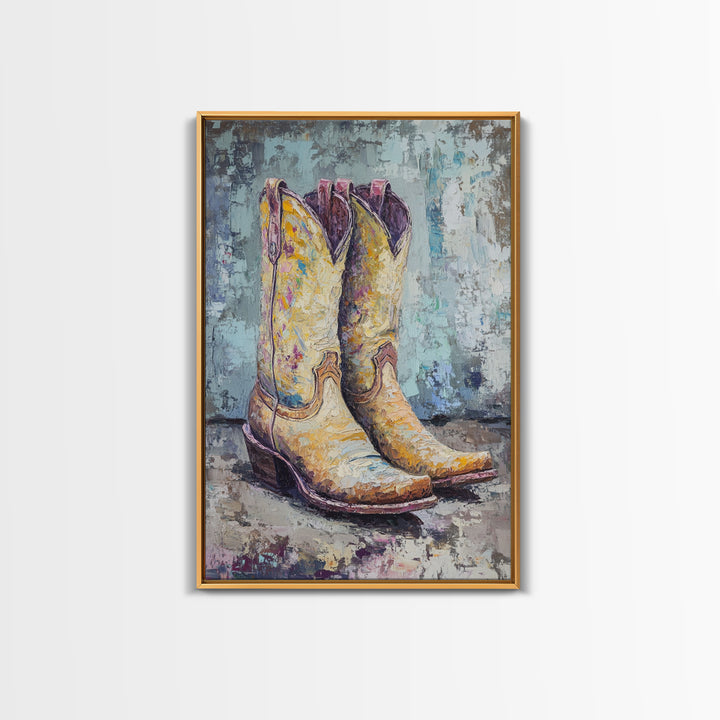 Yellow Cowboy Boots Oil Painting, Canvas Print, Western Wall Art, Cowgirl Decor, Rodeo Housewarming Gift, Rustic Home Decor