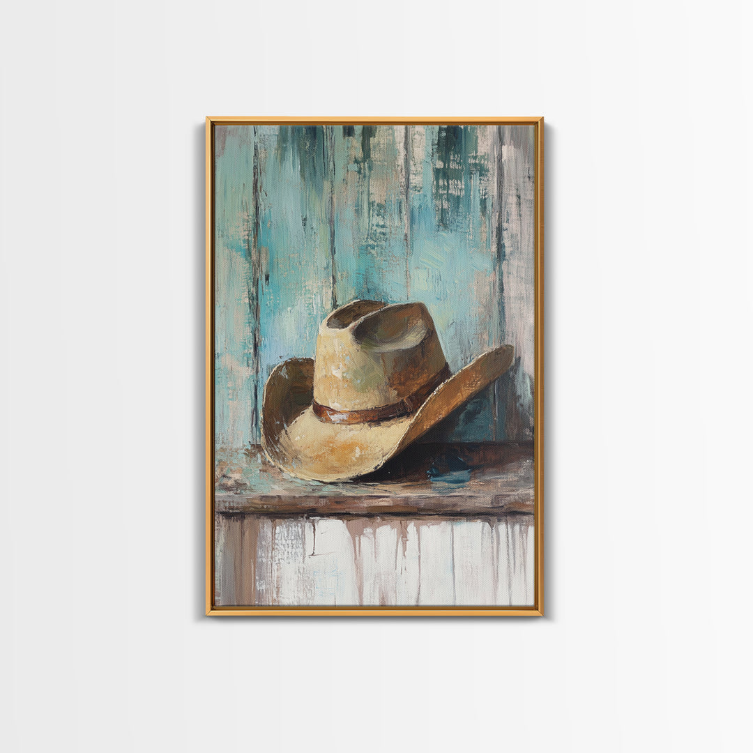 Worn Cowboy Hat On Weathered Shelf, Framed Canvas Print, Western Wall Art, Rustic Ranch Decor, Gift For Him, Man Cave Decor
