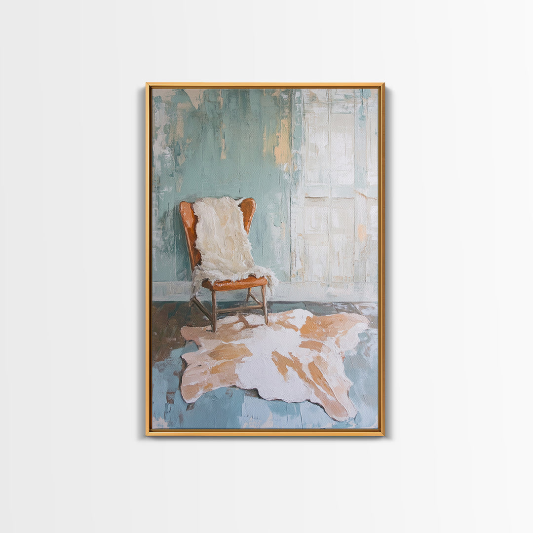 Leather Chair And Cowhide Rug Interior, Canvas Print, Rustic Wall Art, Western Home Decor, Neutral Living Room Wall Art Print