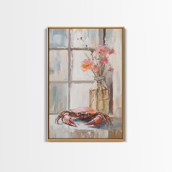Blue Crab And Pink Flowers By Window, Framed Canvas Print, Coastal Kitchen Wall Art, Beach House Decor, Seafood Wall Art