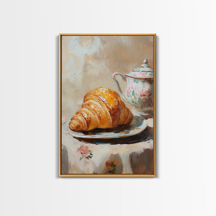 Golden Croissant And Floral Teapot Framed Canvas Print, French Bakery Wall Art, Kitchen Decor, Cafe Art Print, Foodie Gift
