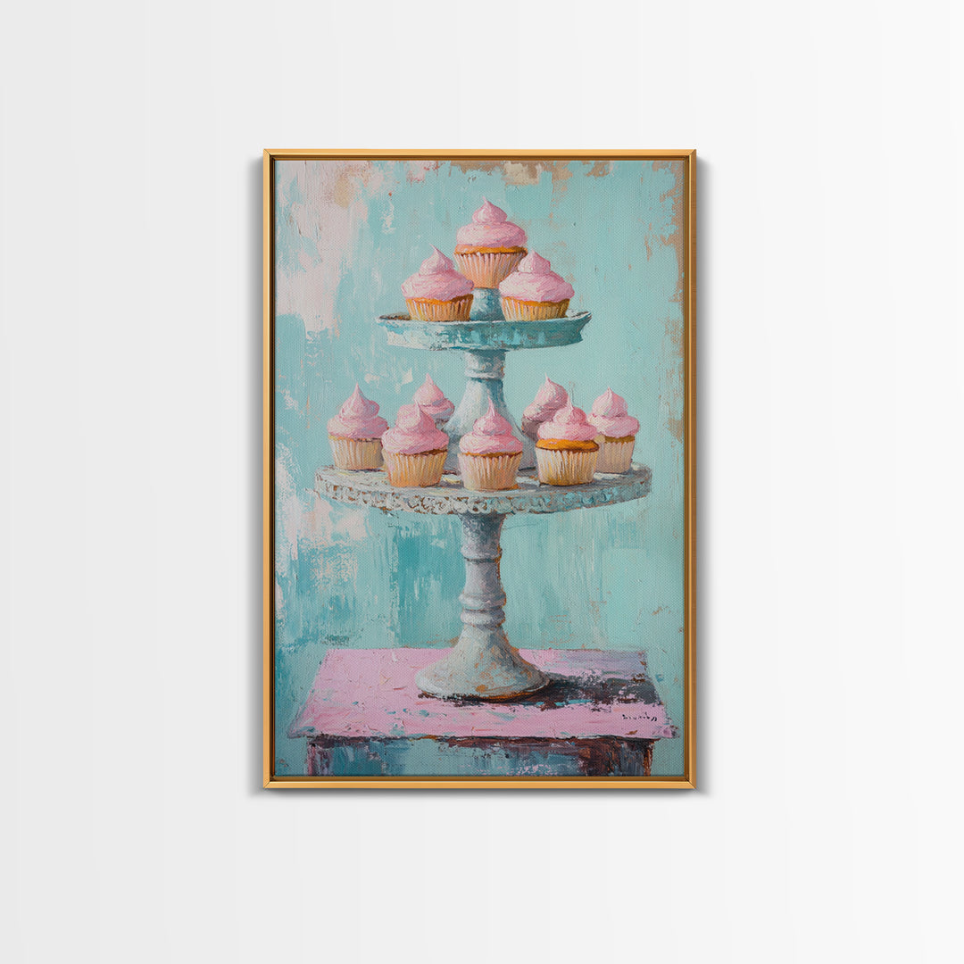 Pink Cupcakes On Tiered Stand Canvas Print, Cute Bakery Wall Art, Girls Room Decor, Dessert Art, Kitchen Decor Gift, Home Decor