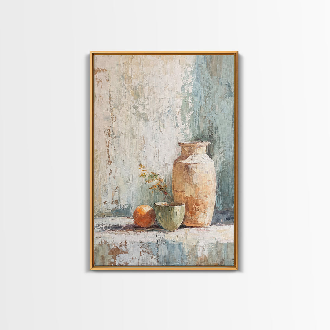 Rustic Vase With Orange Still Life Canvas Print, Neutral Wall Art, Farmhouse Decor, Kitchen Art, Minimalist Home Decor Gift